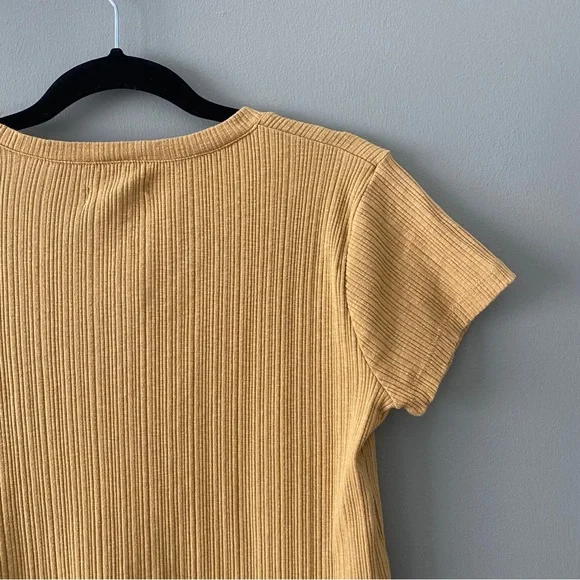 Madewell Pointelle Button-Front Slim Tee, Gold Color with Brown Buttons, Size S - Picture 8 of 11